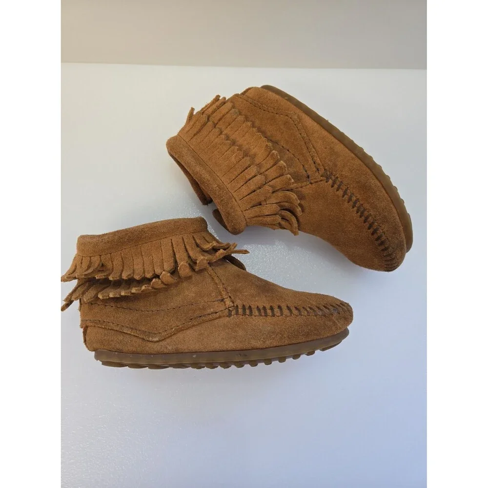 Minnetonka Kids Size 6 Double Fringe Moccasins Bootie Brown Leather Side Zipper